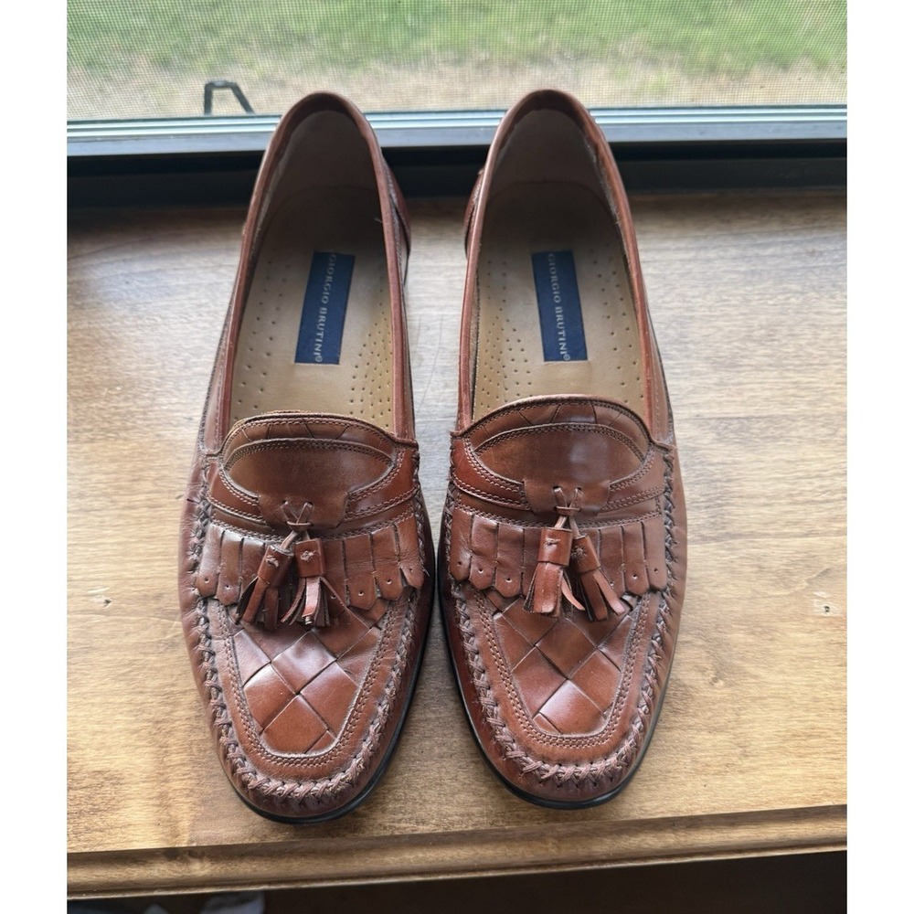 Giorgio Brutini Men's Brown Leather Woven Tassel Slip-On Loafers 10D